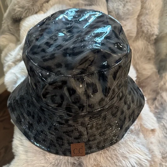 C.C Shiny Leopard Bucket Hat - Black Gray rain cap or reversible tan hat. - Picture 5 of 7
